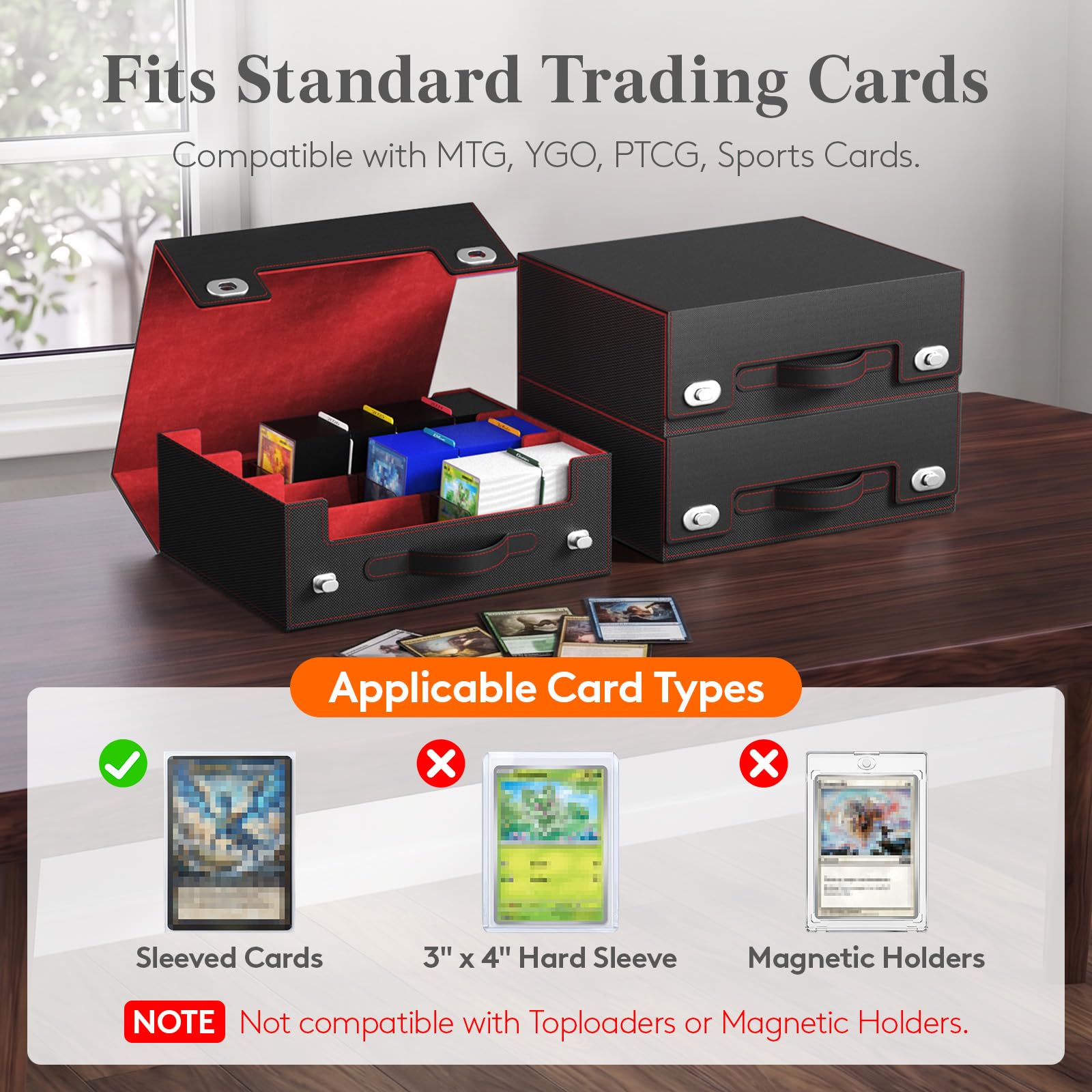 Trading Card Storage Box with Handle, Holds Up to 1800 Sleeved Cards with 12 Adujstable Dividers & 4 Stoppers, Aluminum Closure PU Leather Case for MTG, PTCG, YGO, Sports Cards, Black& Gray