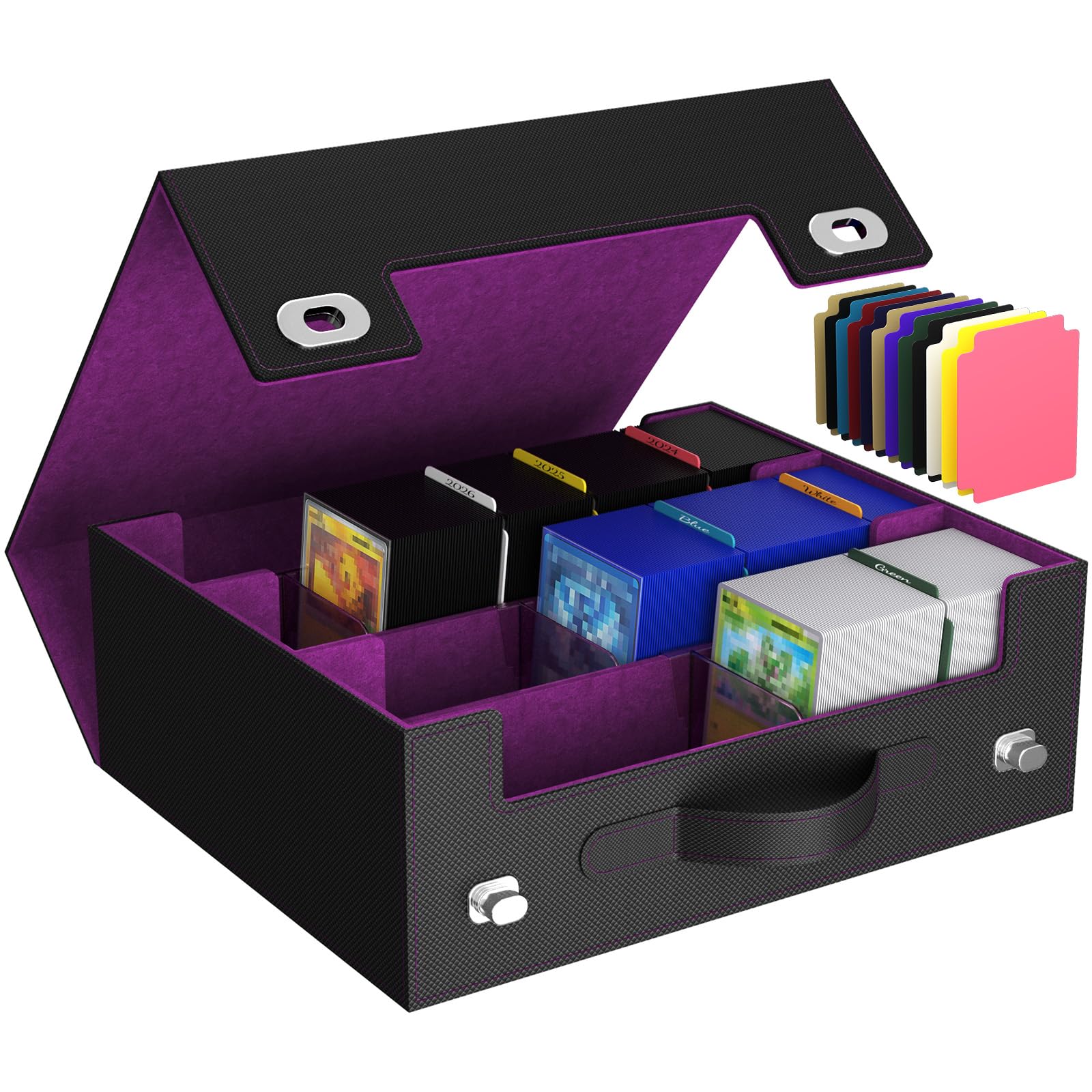 Trading Card Storage Box with Handle, Holds Up to 1800 Sleeved Cards with 12 Adujstable Dividers & 4 Stoppers, Aluminum Closure PU Leather Case for MTG, PTCG, YGO, Sports Cards, Black& Gray