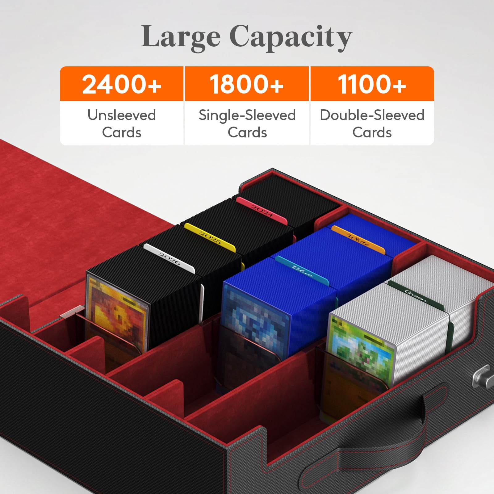 Trading Card Storage Box with Handle, Holds Up to 1800 Sleeved Cards with 12 Adujstable Dividers & 4 Stoppers, Aluminum Closure PU Leather Case for MTG, PTCG, YGO, Sports Cards, Black& Gray