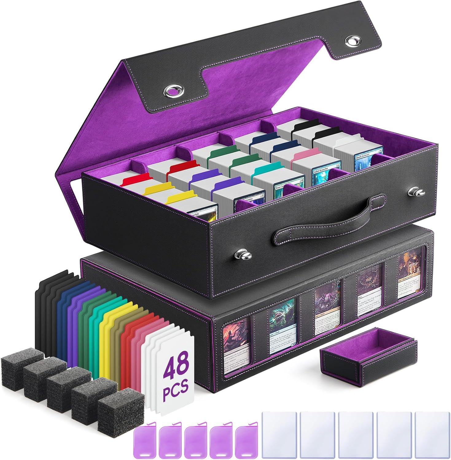 Trading Card Storage Box , 3900+ Card Case Includes 5 Top Loaders, 5 Stoppers, 48 Dividers, 1 Dice Tray for MTG TCG PTCG Sports Cards
