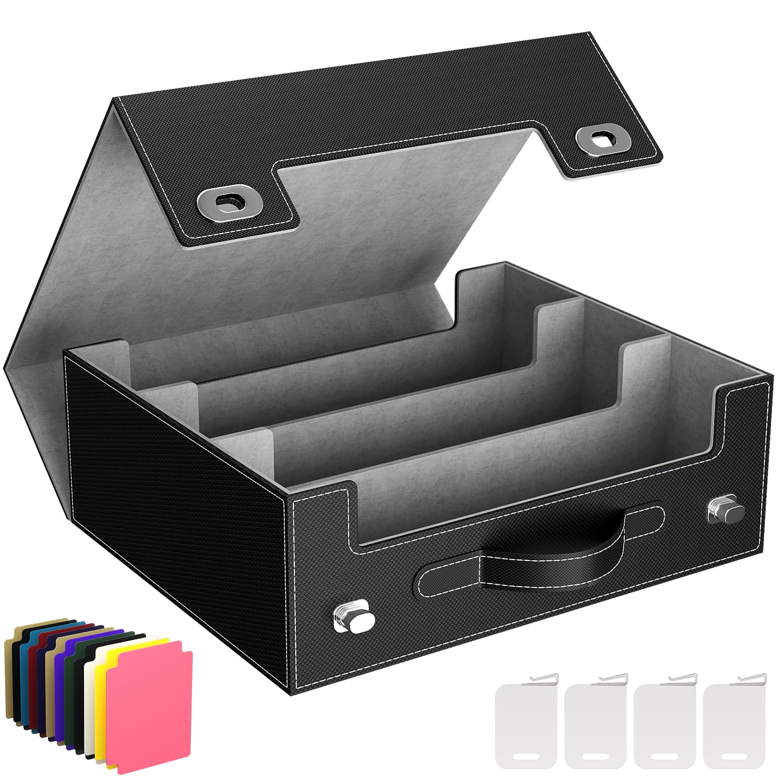 Trading Card Storage Box with Handle, Holds Up to 1800 Sleeved Cards with 12 Adujstable Dividers & 4 Stoppers, Aluminum Closure PU Leather Case for MTG, PTCG, YGO, Sports Cards, Black& Gray