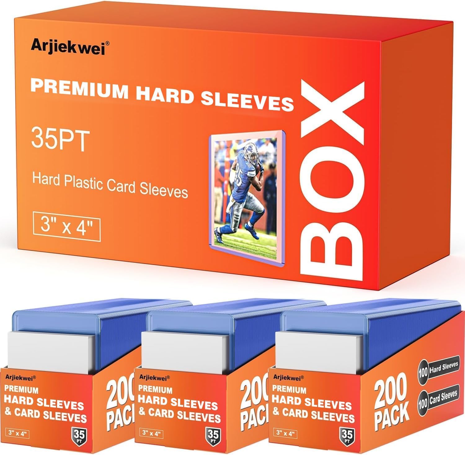 Box of  premium hard sleeves with a football player image on an orange background